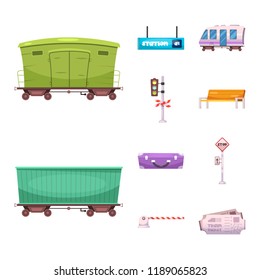 Isolated object of train and station sign. Collection of train and ticket stock vector illustration.