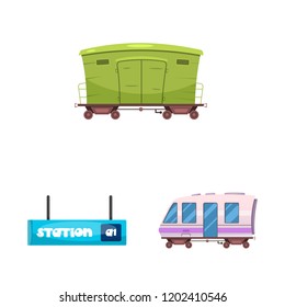 Isolated object of train and station sign. Set of train and ticket vector icon for stock.