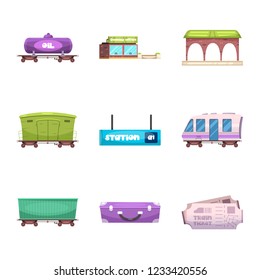 Isolated object of train and station sign. Set of train and ticket stock symbol for web.