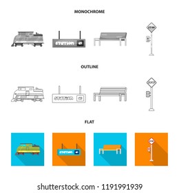 Isolated object of train and station symbol. Set of train and ticket stock symbol for web.