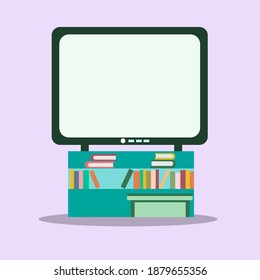 Isolated object of TV set on a curbstone with books and a box. Modern flat interior design for the room. Tv stand books in modern style. Background interior. Home decoration. Front view