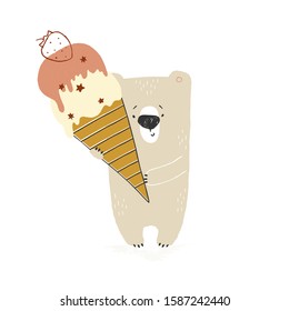 Isolated object, vector hand drawn illustration. Little polar bear with big ice cream. For an ice cream party or greeting card. For business identity and branding, for cafe and shops.