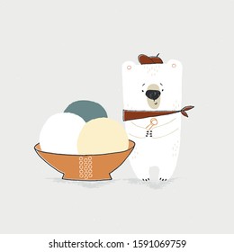 Isolated object, vector illustration. Little hand drawn polar bear with big ice-cream. For business identity and branding, for cafe and shops. For an ice cream party or greeting card.