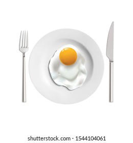 Isolated object. Vector realistic illustration of a fried egg on a ceramic plate with appliances.