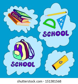 Isolated objects books  backpack  school pencil case  tools clouds background  Easy edited  