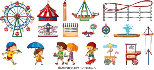 Isolated objects from circus theme with kids and rides illustration