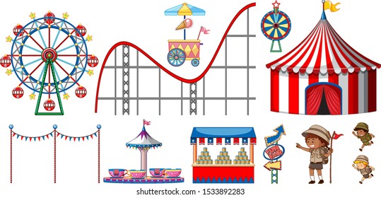 Isolated objects from circus theme with kids and rides illustration