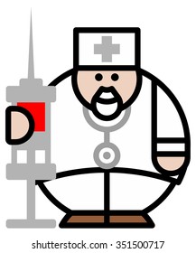 Isolated objects: doctor with syringe, on white background, editable vector image, for use as icon, patch, sticker, logo, design element