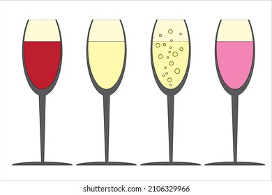 Isolated objects. Four glasses of champagne, red, white and rose wine. Minimalism.