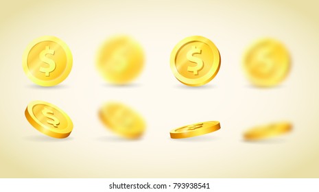 Isolated objects of gold coins in a realistic style. Imitation of money pouring. Symbol of wealth. Money background. Coins in different positions.