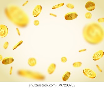 Isolated objects of gold coins in a realistic style. Imitation of money pouring. Symbol of wealth. Money background. Coins in different positions.