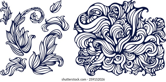 isolated objects of leaves in curly style 