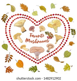 Isolated objects of mushrooms and autumn leaves surrounded by hearts from rowan beads