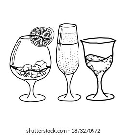 Isolated objects on a white background. Three glasses for wine, champagne and whiskey. Doodle style. Vector illustrations for internet, restaurant menus, fabrics and posters.