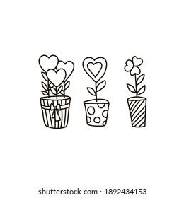 Isolated objects on a white background. Flower pots. Valentine's Day. Doodle style. Vector. Flower pots with hearts. Suitable for cards, invitations and posters.