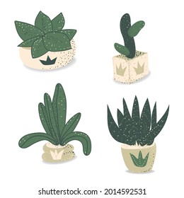 Isolated objects on a white background. Cacti in a variety of pots. Vector in flat style. Cacti of different shapes and sizes. Suitable for postcards and cards in plants.