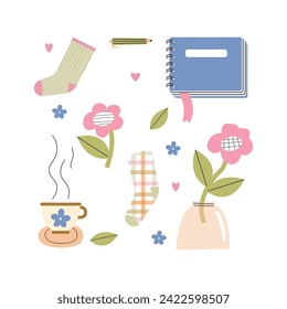 Isolated objects on white: vase with flowers, socks, tea, notepad and pencil. Vector illustration