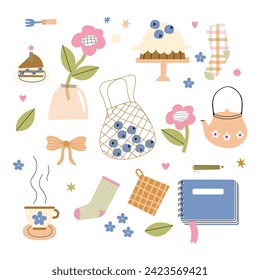 Isolated objects on white: vase with flowers, socks, tea, notepad, pencil, bag with blueberries, berry cake, pie, teapot and bow. Vector illustration