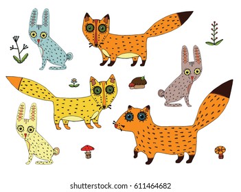 isolated objects red, yellow,  beige cute cartoon wild forest animals foxes and rabbits on a white background with mushrooms, flowers and berries isolated objects for illustration on postcard printing