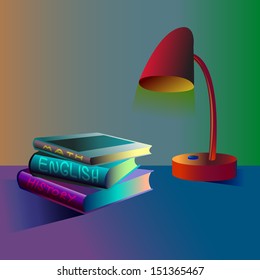 Isolated objects school books with lamp on the desk. Easy edited. 