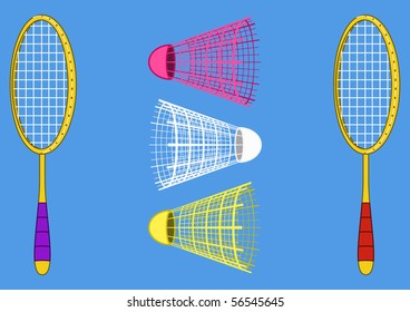 Isolated objects of sporting equipment for badminton game: two rackets and shuttlecock