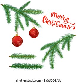Isolated objects of spruce branches and Christmas tree balls on a white background