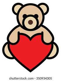 Isolated objects: teddy bear holding red heart, on white background, editable vector image, for use as icon, patch, sticker, logo, design element
