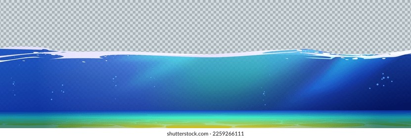 Superficie de agua del océano aislada, fondo del juego vectorial del lecho marino. La línea acuática de dibujos animados y las olas se superponen con la textura de refracción ligera. Plantilla de patrón claro submarino amplio. Pequeñas burbujas en el fondo de la piscina.