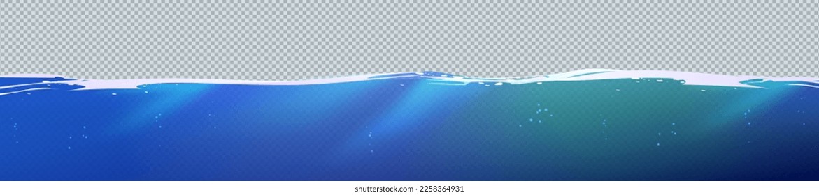 Fondo aislado del juego vectorial de la superficie del agua del océano. La línea de agua marina de dibujos animados y las olas se superponen con la textura de refracción ligera. Plantilla de patrón claro submarino amplio. Pequeñas burbujas en el fondo de la piscina.