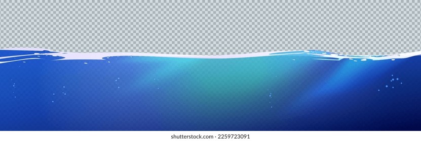 Isolated ocean water surface vector game background. Cartoon sea waterline and waves overlay with light refraction texture. Template of clear undersea wide pattern. Small bubbles in pool backdrop.