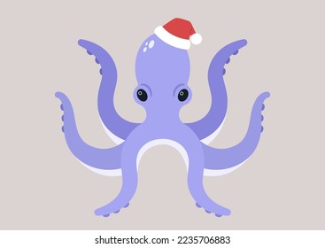 An isolated octopus with purple tentacles, wearing a Santa Claus red hat, Christmas traditions, wild life, ocean and sea