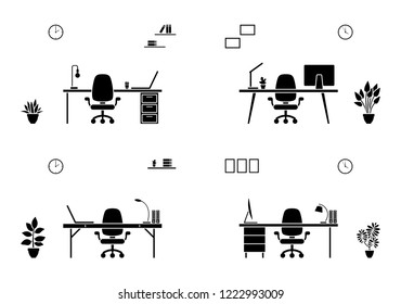 Isolated office furniture silhouette icon. Black and white table, chair, laptop, desktop outline