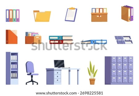Isolated office icons. Papers, documents, various holders and folders. Cartoon shelves, work desk and cozy chair. Cardboard box and folder, sapid vector set