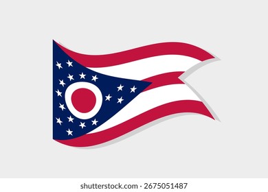 Diseño aislado de la bandera del estado de Ohio. Ilustración 3d de Vector digital de bandera ondulada de Ohio. Bandera revoloteante. Sombra gris, fondo blanco.