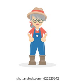 Isolated old farmer. Senior woman in uniform on white background.