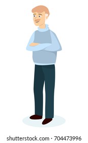 Isolated old man in blue sweater on white background.