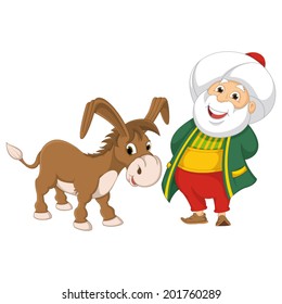 Isolated Old Man and Donkey Vector Illustration