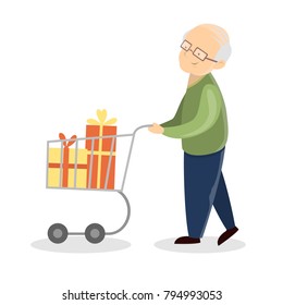 Isolated old man with shopping cart buying gifts.