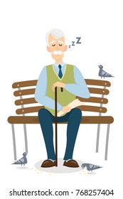 Isolated old man sleeping sitting on bench.