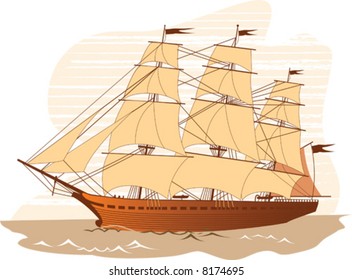 Isolated old sail ship. Vector illustration.