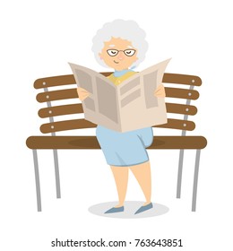 Isolated old woman reading newspaper sitting on bench.