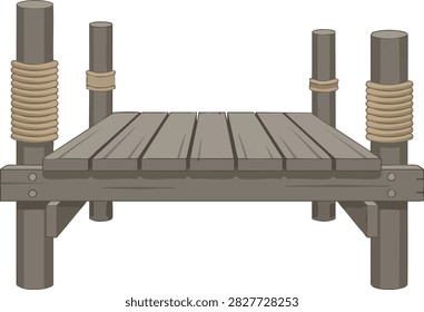 Isolated old wooden pier or small dock on posts wrapped with rope for boats and fishing Vector Illustration