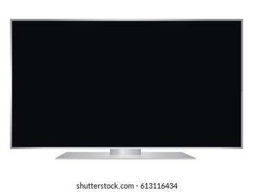 isolated OLED silver flat smart wide TV and black screen on white background