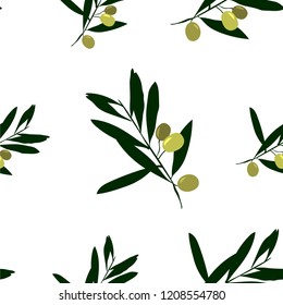 isolated olive branch vector illustration, shades of green, hand drawn seamless pattern