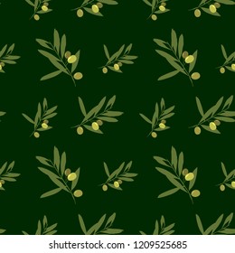 Isolated olive branch vector illustration, shades of green, hand drawn seamless pattern eps 10