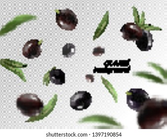 Isolated olives in the air. Falling black olive fruits isolated on transparent background. 3d vector illustrasion