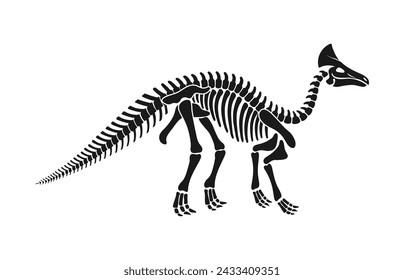 Isolated olorotitan dinosaur skeleton fossil, dino bones black vector silhouette. Rare find, revealing the distinct features of this herbivorous hadrosaurid creature from the late cretaceous period