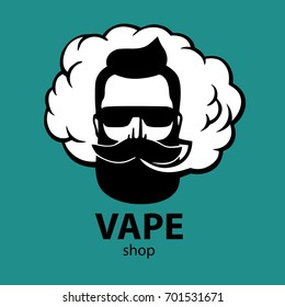  isolated on aquamarine vector background. Hand-drawn hipster dude with mustache and beard. Man with vape and cloud. Electronic Cigarette. Vector. Stickers, logo, Emblem