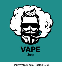  isolated on aquamarine vector background. Hand-drawn hipster dude with mustache and beard. Man with vape and cloud. Electronic Cigarette. Vector. Stickers, logo, Emblem