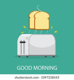 Isolated on background. Vector illustration. Good morning concept. Toaster and bread toasts.